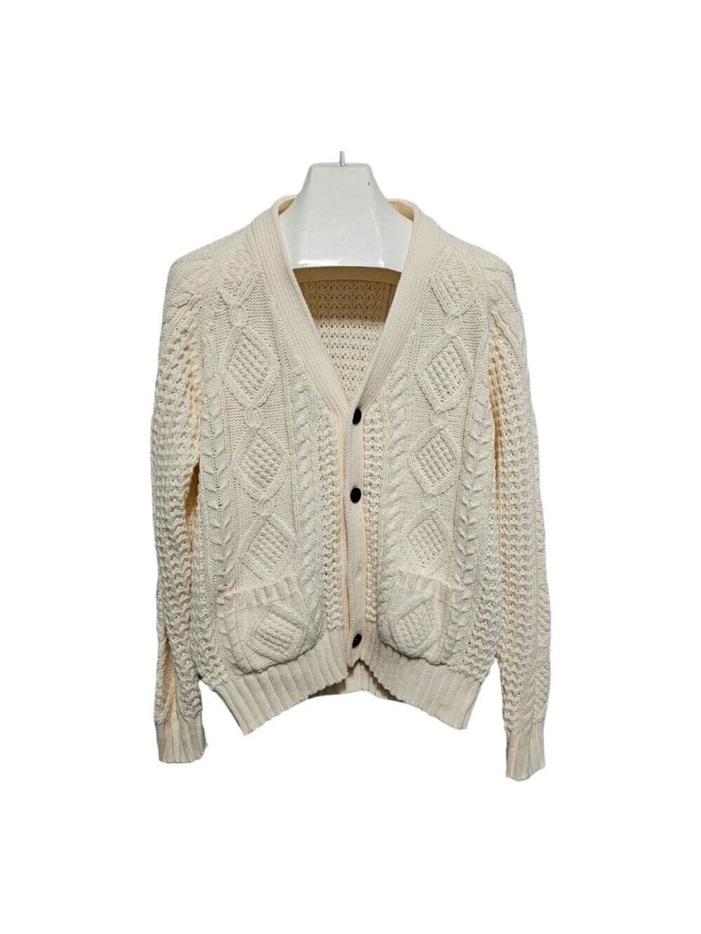 Vintage American Weekend Classic Cream Cable Knit Button Front Grandpa Cardigan